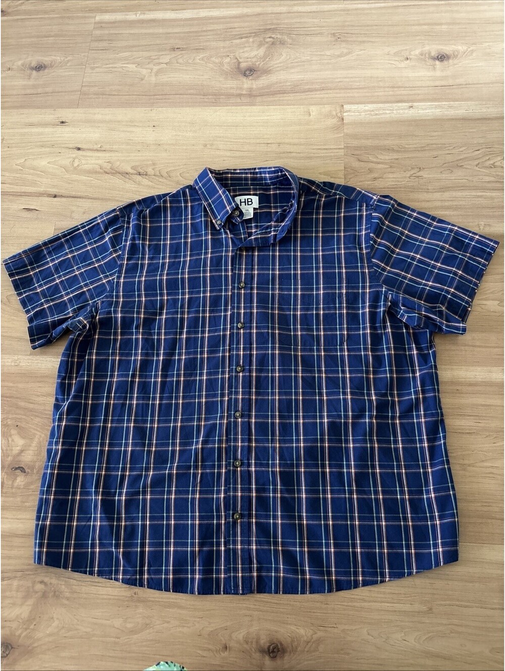 HB Men's Plaid Button-Up Shirt Size 1XL Blue Orange Short Sleeveless